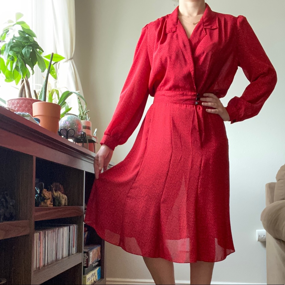 80s Red Doodle Semi-Sheer Cocktail Dress VINTAGE
